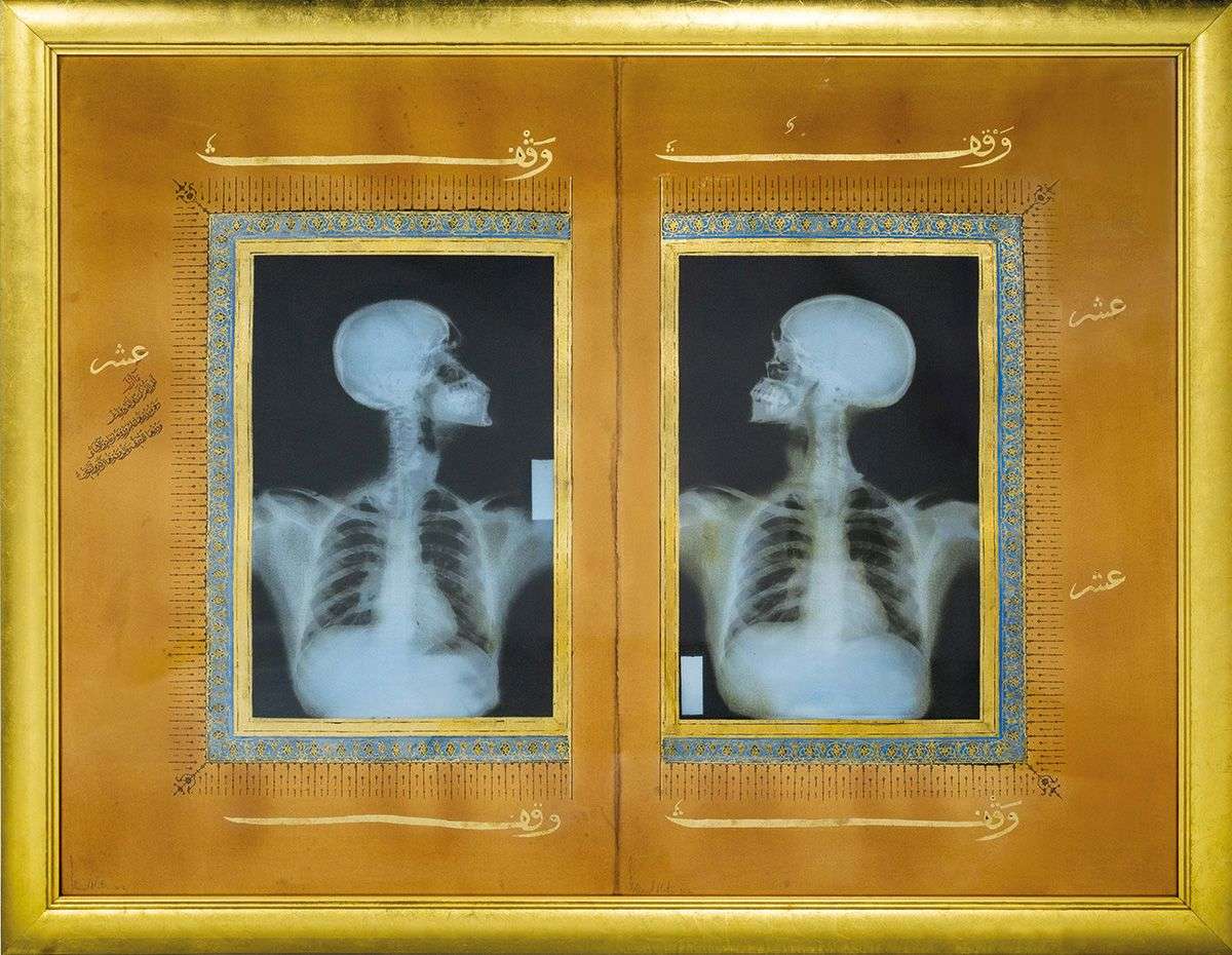Ahmed-Mater,-Untitled-(Diptych-from-The-Illumination-Series),-Offset-lithograph-and-gold-leaf-on-paper-with-tea-and-pomegranate-toning,-174-by-225cm,-2012-(image-courtesy-Sotheby
